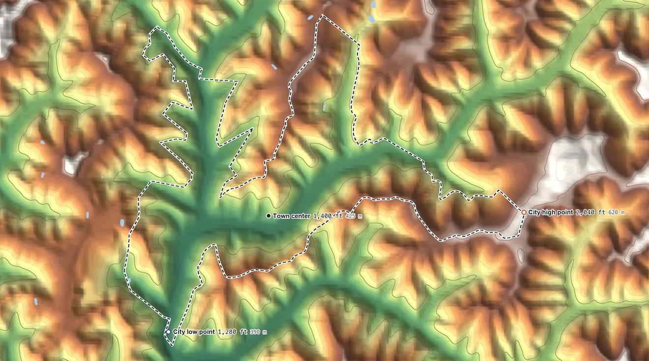 Topographic elevation map of Fleming-Neon, Kentucky, shaded from 1,280 ft on the southwest side to 2,040 ft on the east side