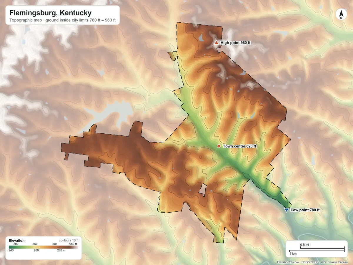 Topographic elevation map of Flemingsburg, Kentucky, shaded from 780 ft on the southeast side to 960 ft on the north side