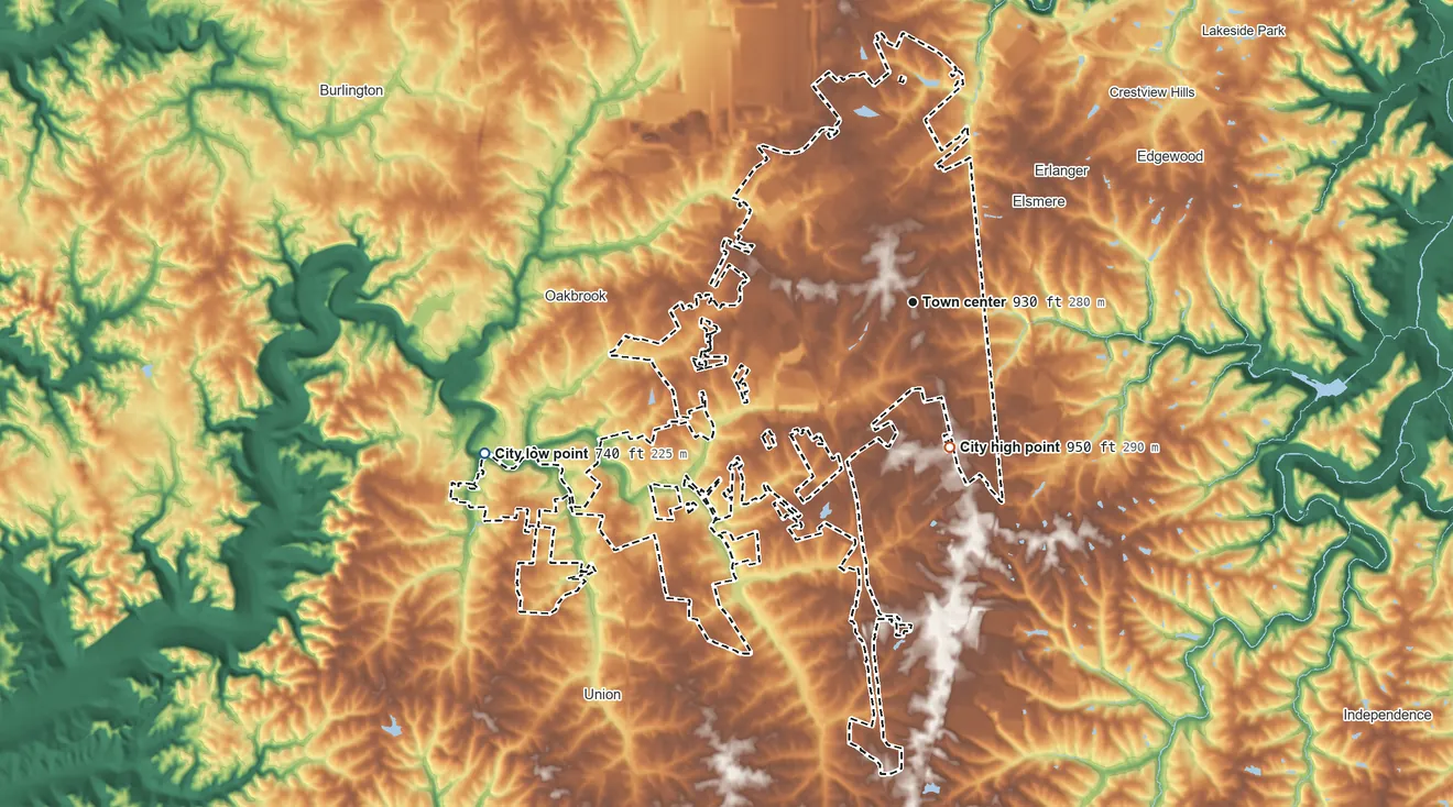 Topographic elevation map of Florence, Kentucky, shaded from 740 ft on the west side to 950 ft on the south side