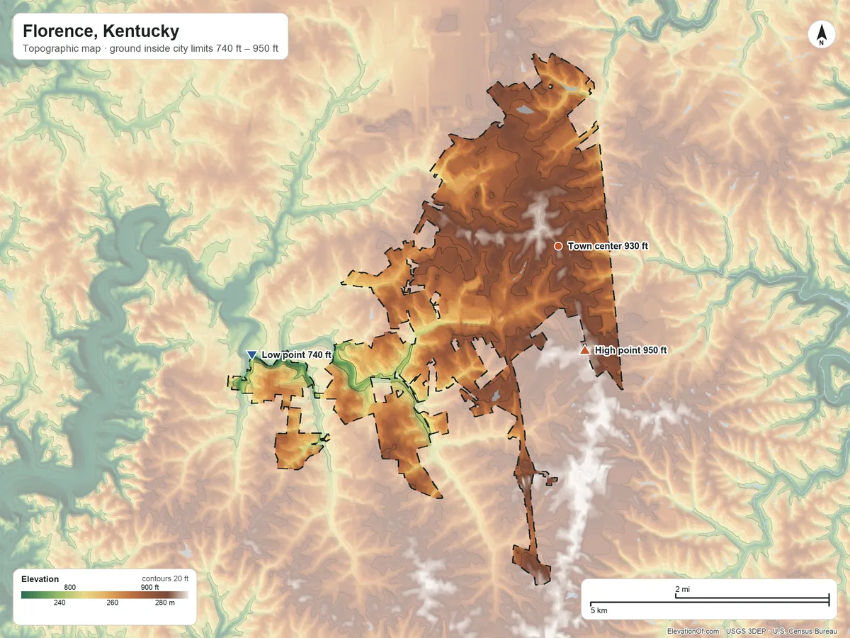 Topographic elevation map of Florence, Kentucky, shaded from 740 ft on the west side to 950 ft on the south side