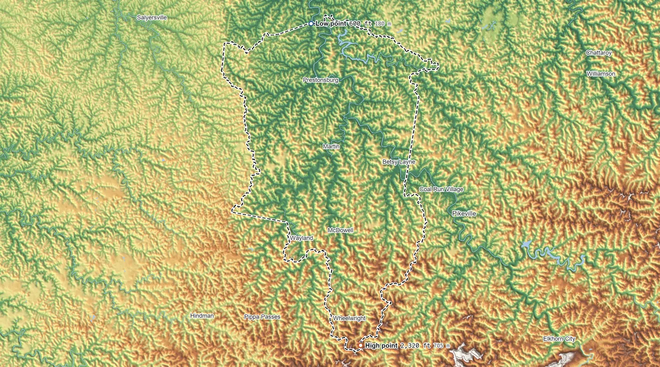 Topographic elevation map of Floyd County, Kentucky, shaded from 600 ft on the north side to 2,320 ft on the south side