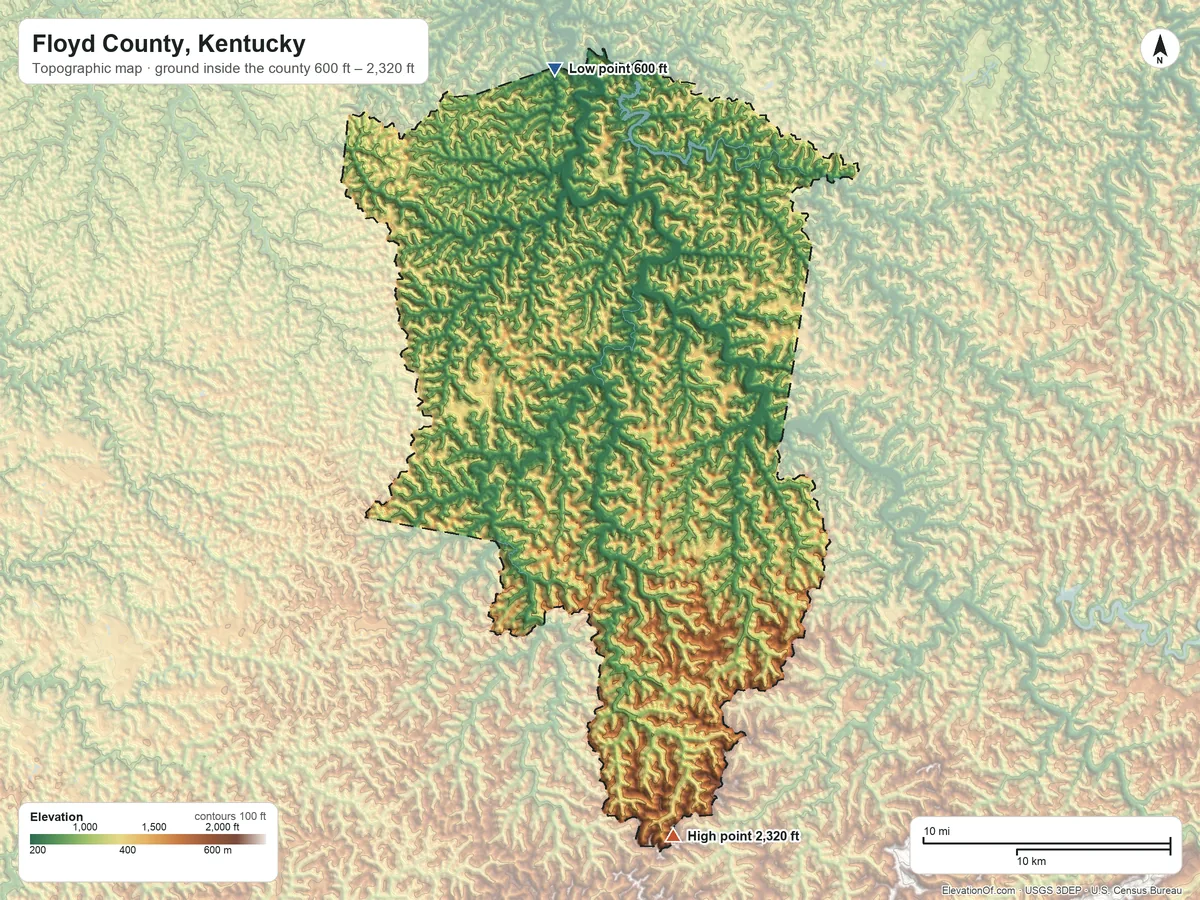 Topographic elevation map of Floyd County, Kentucky, shaded from 600 ft on the north side to 2,320 ft on the south side