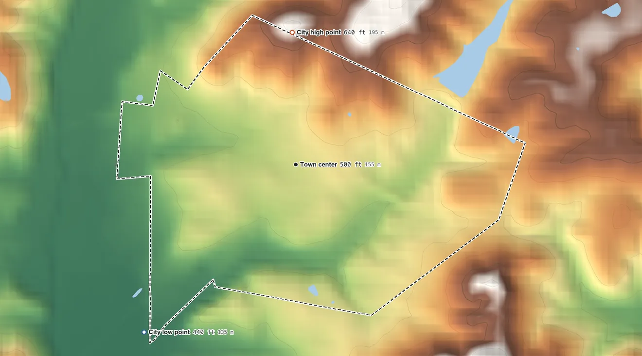 Topographic elevation map of Fordsville, Kentucky, shaded from 440 ft on the southwest side to 640 ft on the north side
