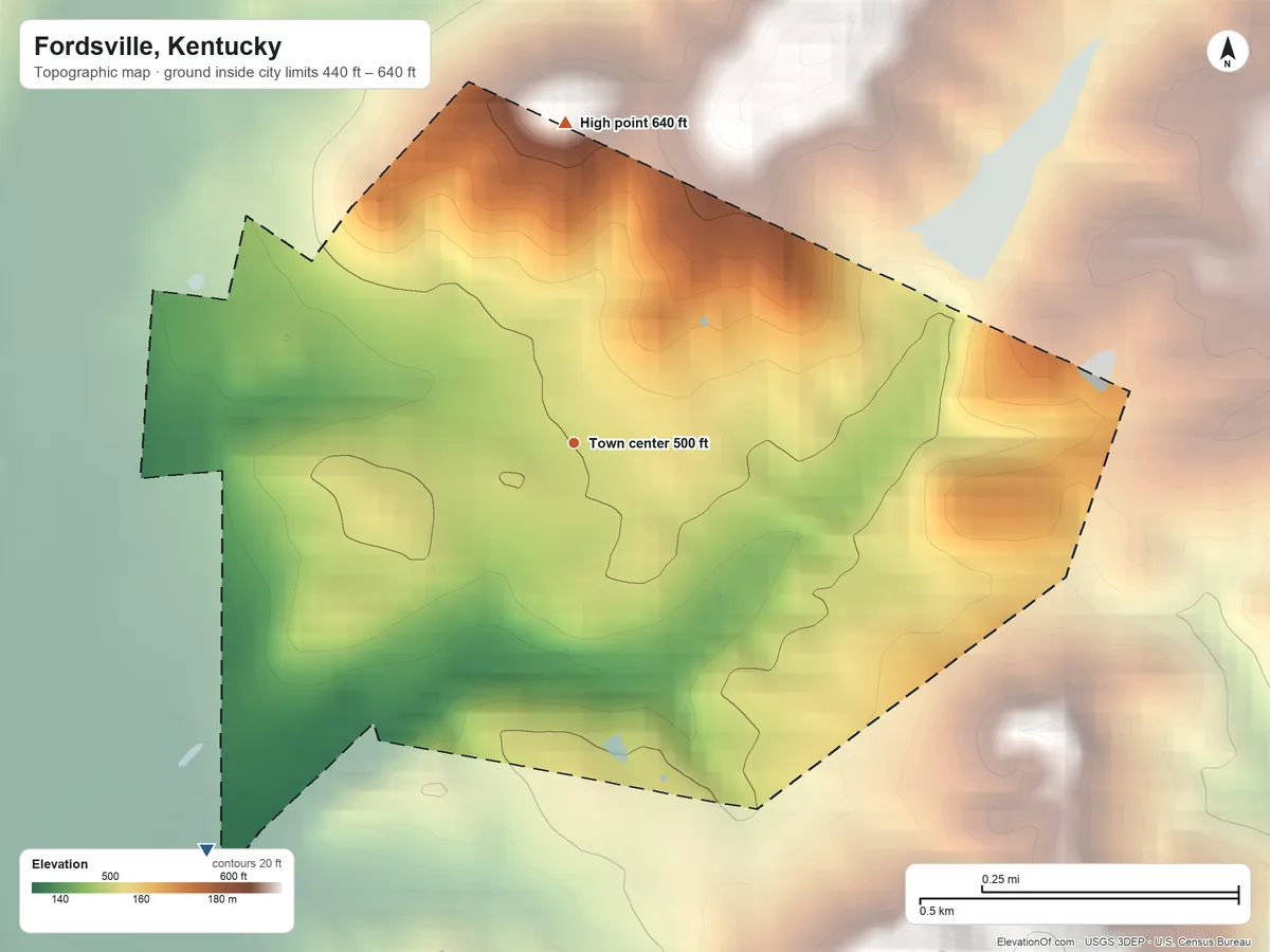 Topographic elevation map of Fordsville, Kentucky, shaded from 440 ft on the southwest side to 640 ft on the north side