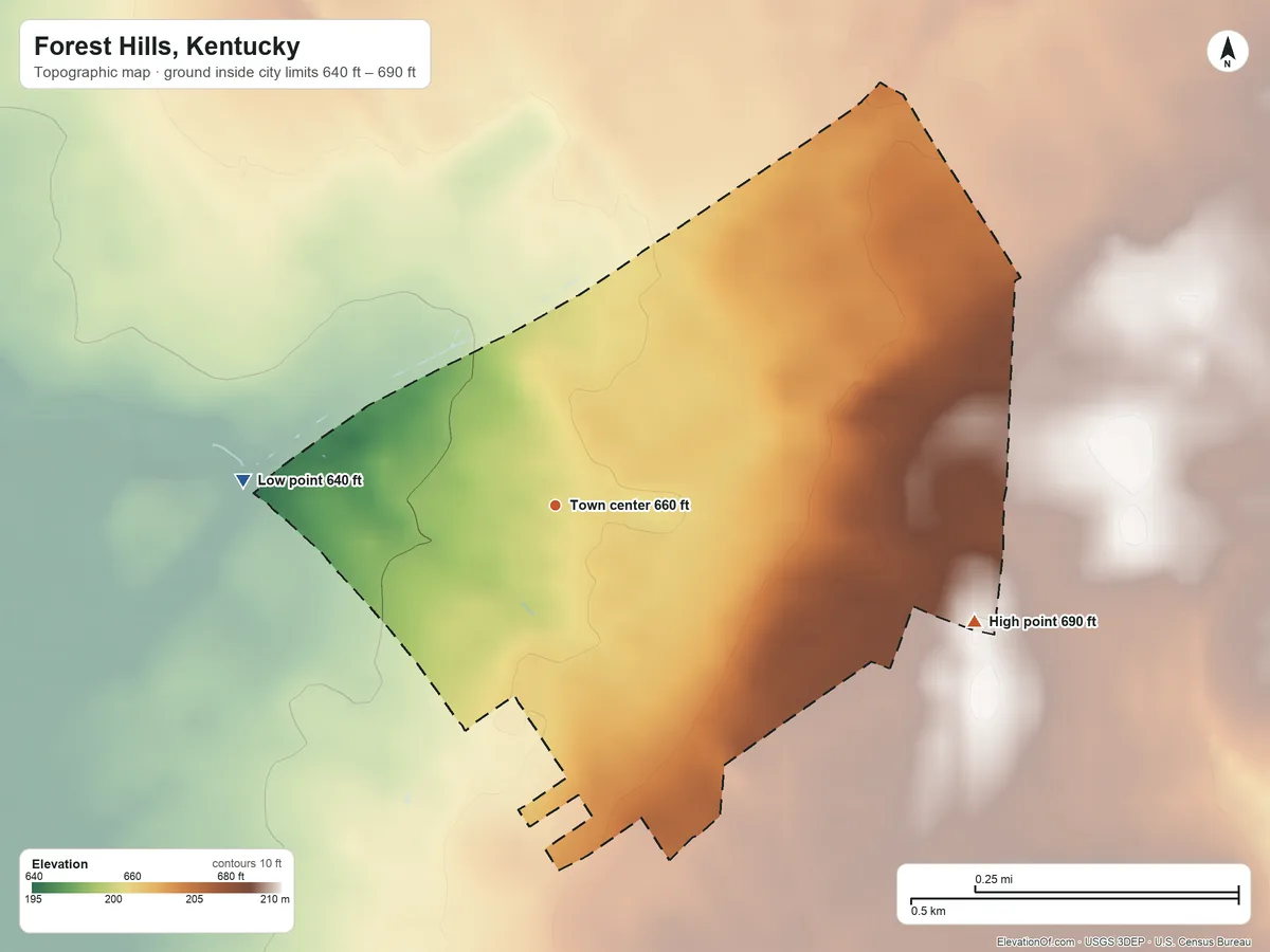 Topographic elevation map of Forest Hills, Kentucky, shaded from 640 ft on the west side to 690 ft on the east side