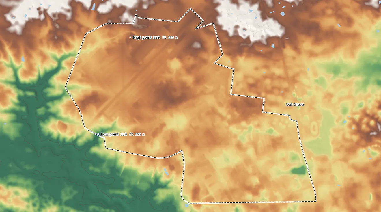 Topographic elevation map of Fort Campbell North, Kentucky, shaded from 510 ft on the west side to 580 ft on the northwest side