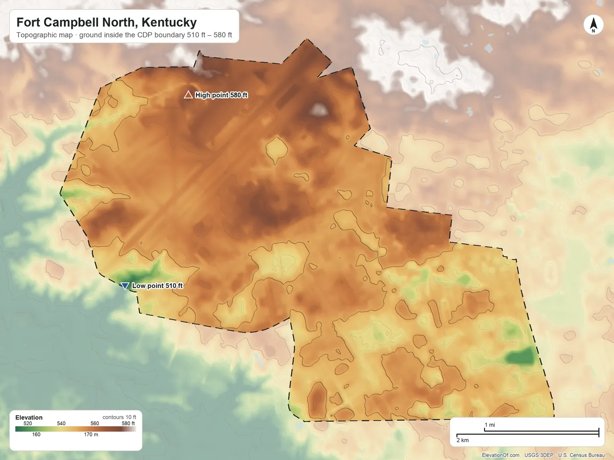 Topographic elevation map of Fort Campbell North, Kentucky, shaded from 510 ft on the west side to 580 ft on the northwest side