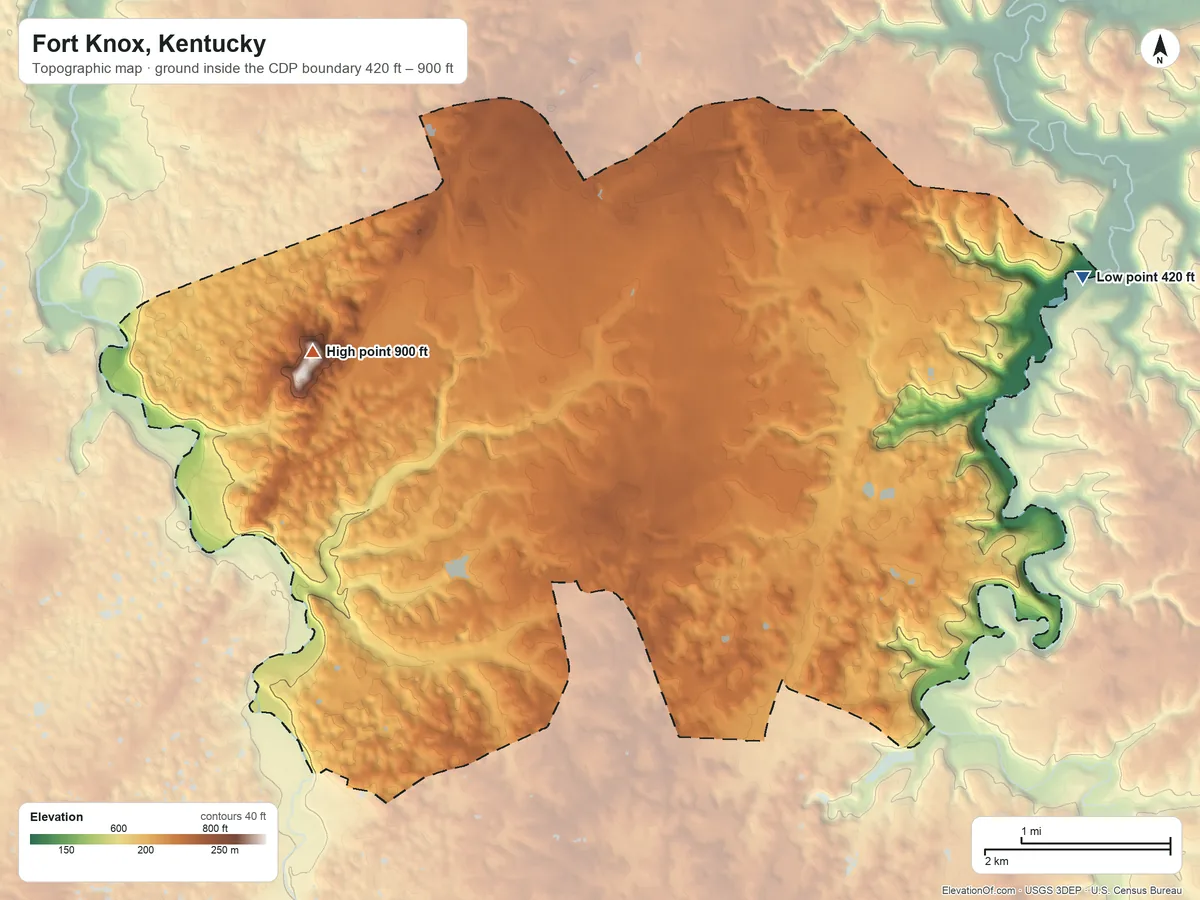 Topographic elevation map of Fort Knox, Kentucky, shaded from 420 ft on the east side to 900 ft on Snow Mountain