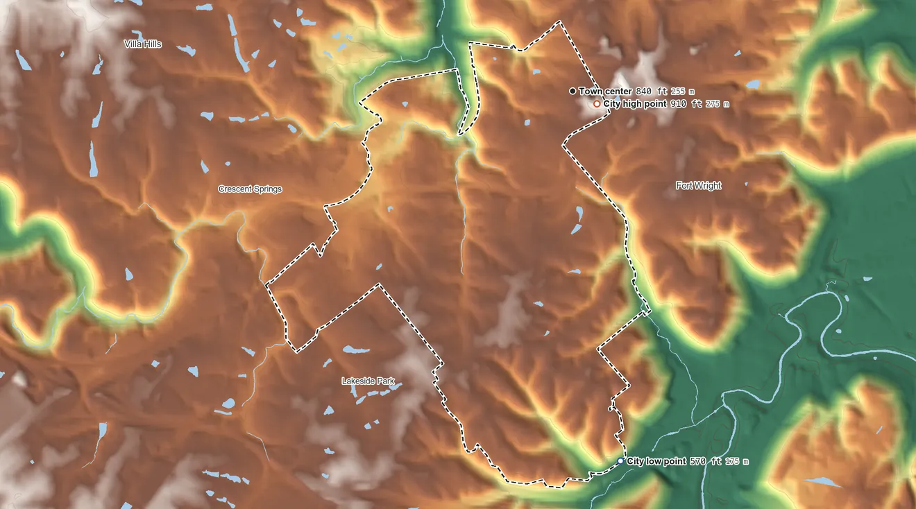 Topographic elevation map of Fort Mitchell, Kentucky, shaded from 570 ft on the south side to 910 ft near the middle