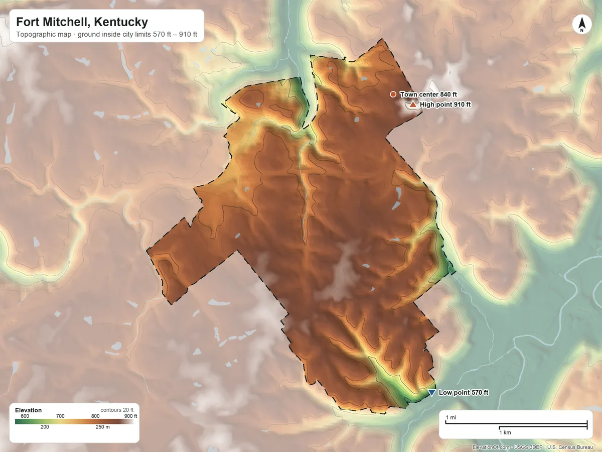 Topographic elevation map of Fort Mitchell, Kentucky, shaded from 570 ft on the south side to 910 ft near the middle