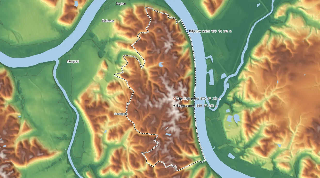Topographic elevation map of Fort Thomas, Kentucky, shaded from 470 ft on the north side to 870 ft near the middle