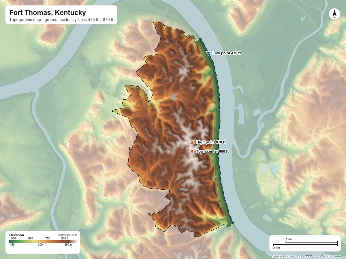 Topographic elevation map of Fort Thomas, Kentucky, shaded from 470 ft on the north side to 870 ft near the middle