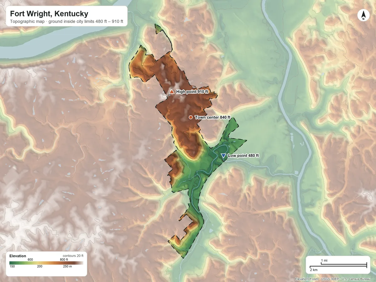 Topographic elevation map of Fort Wright, Kentucky, shaded from 480 ft on the southeast side to 910 ft on the northwest side