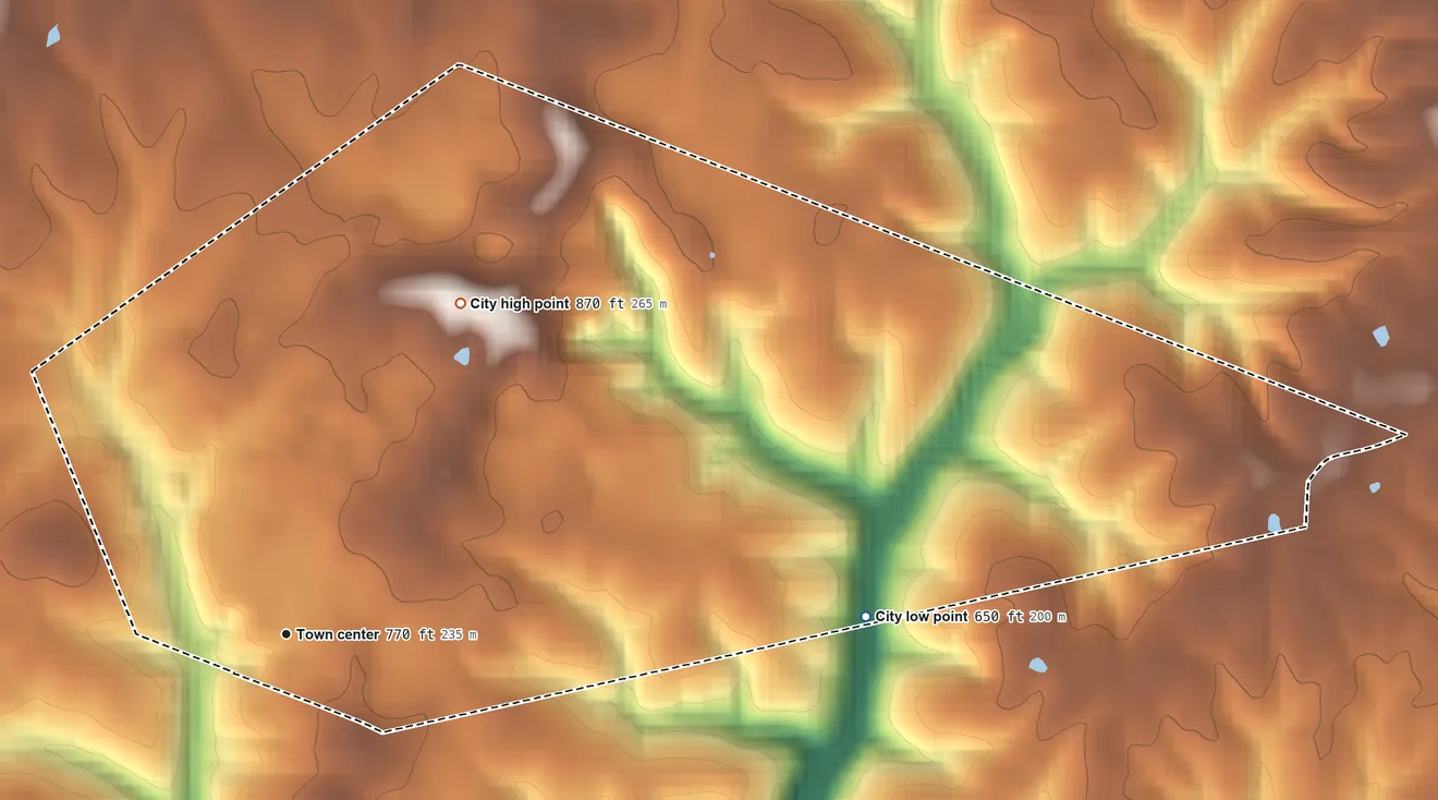 Topographic elevation map of Fountain Run, Kentucky, shaded from 650 ft on the east side to 870 ft on the northeast side