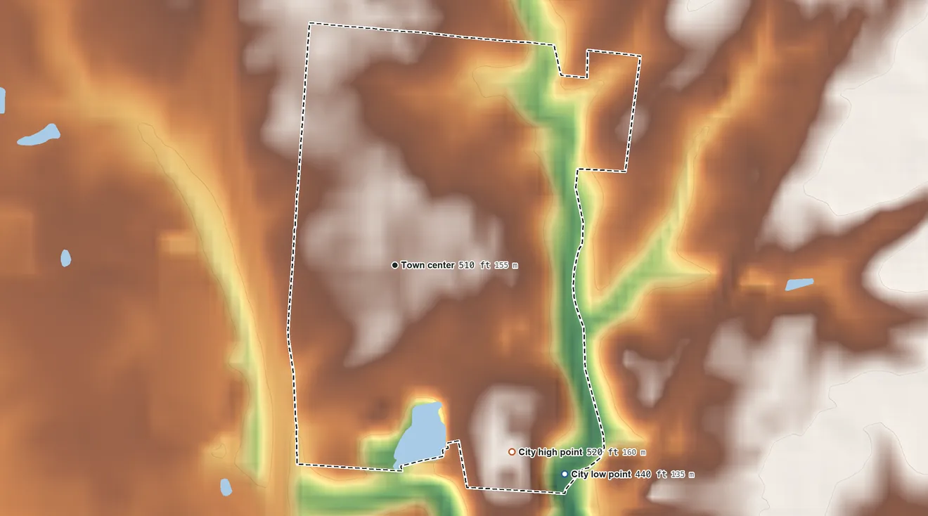 Topographic elevation map of Fox Chase, Kentucky, shaded from 440 ft on the southeast side to 520 ft on the southeast side
