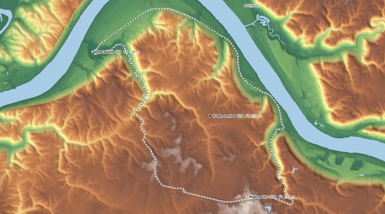 Topographic elevation map of Francisville, Kentucky, shaded from 460 ft on the northwest side to 920 ft on the southeast side