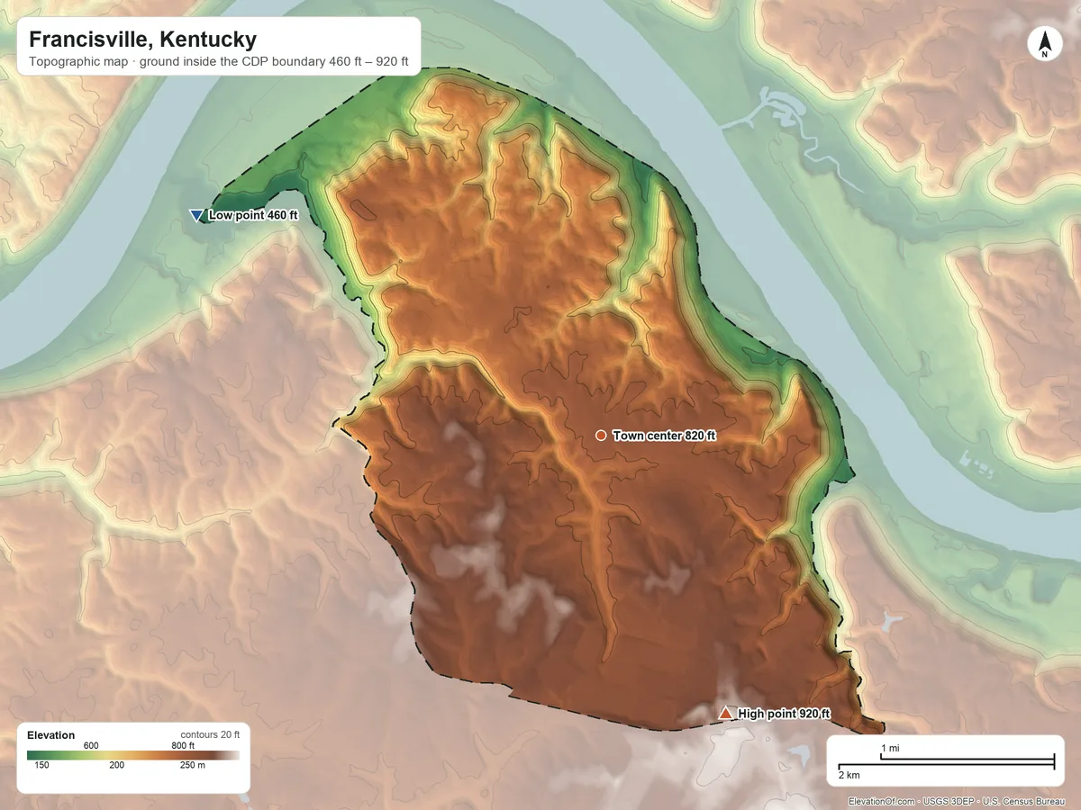 Topographic elevation map of Francisville, Kentucky, shaded from 460 ft on the northwest side to 920 ft on the southeast side