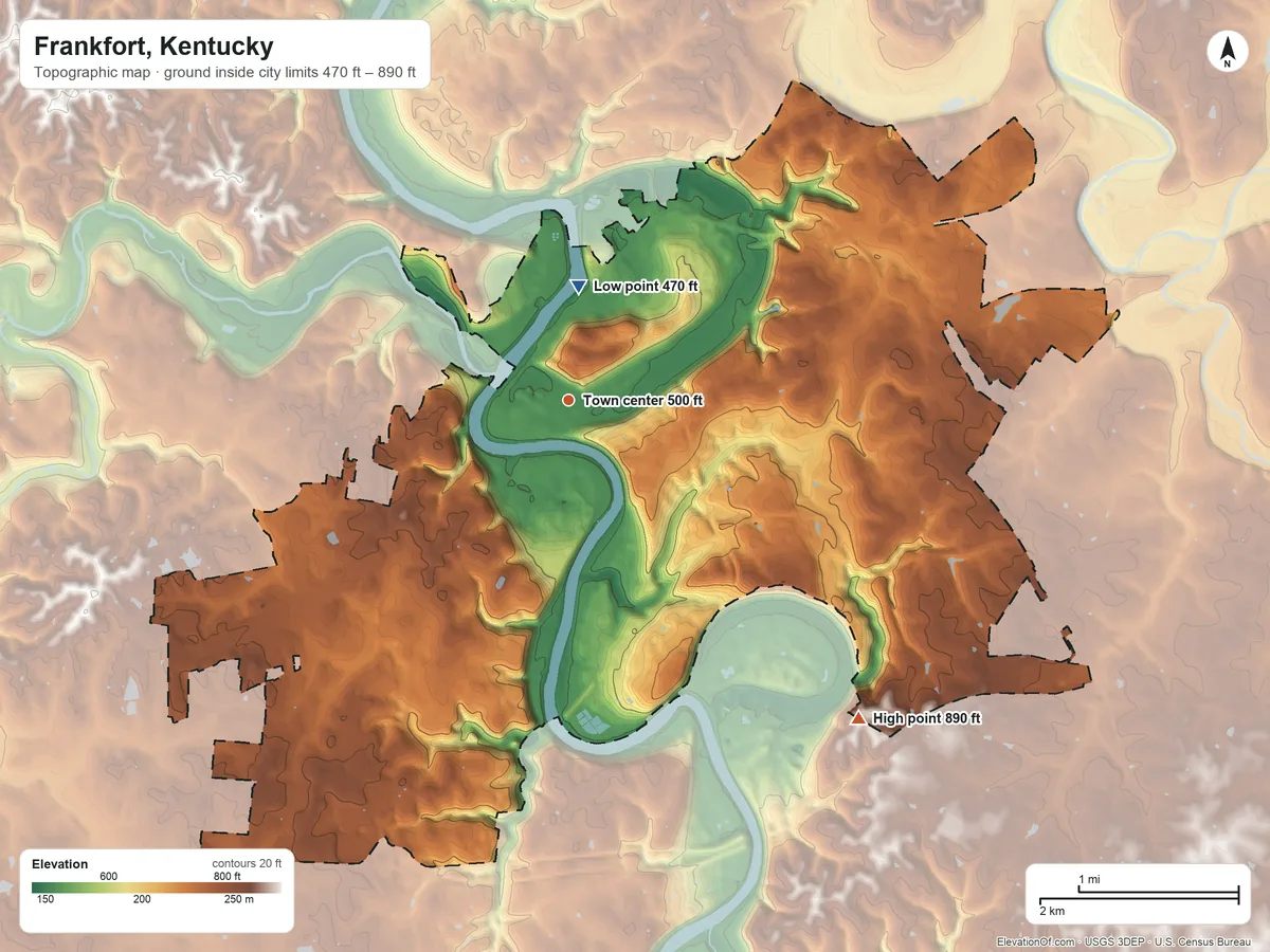 Topographic elevation map of Frankfort, Kentucky, shaded from 470 ft near the middle to 890 ft on the southeast side
