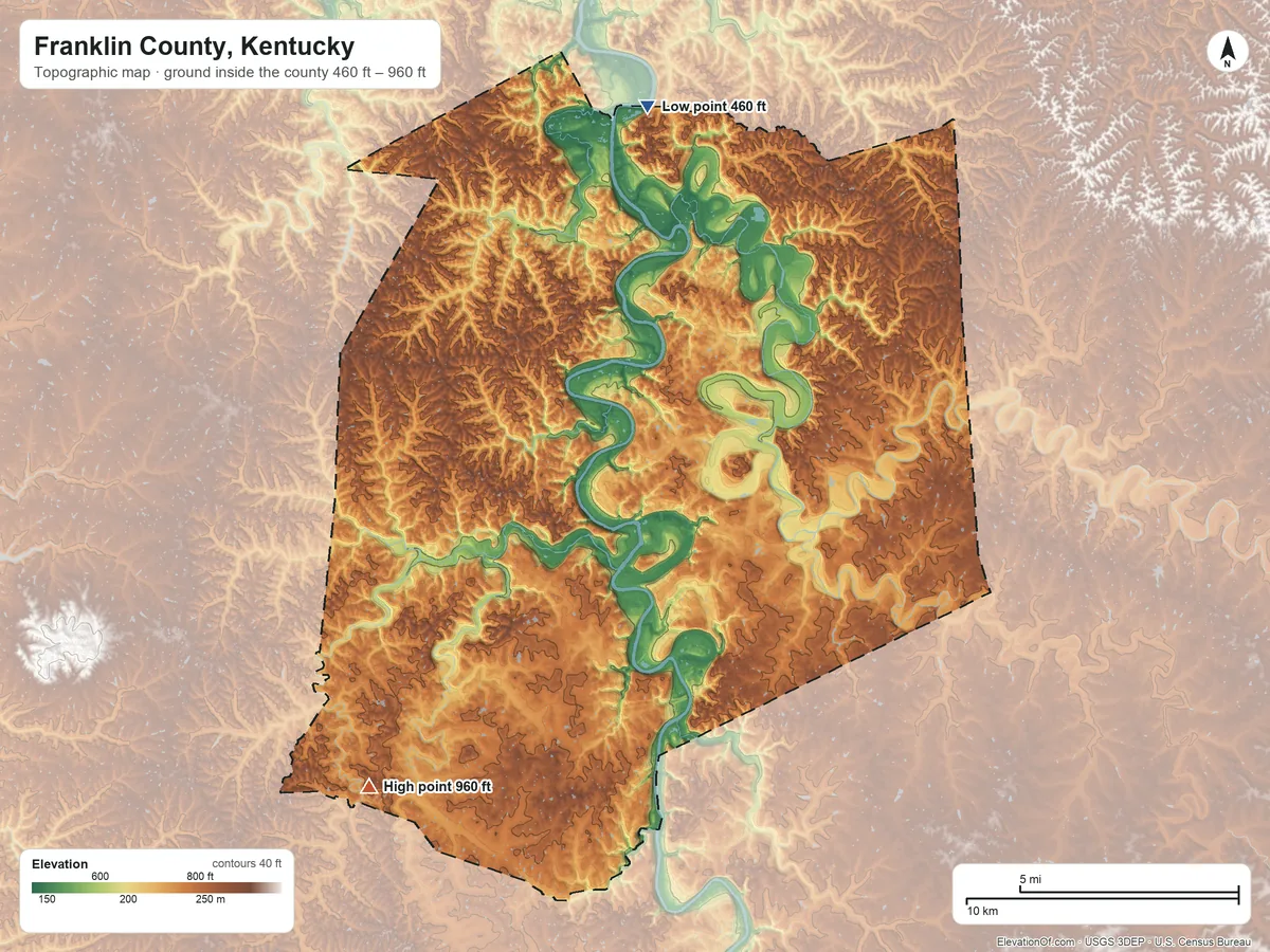Topographic elevation map of Franklin County, Kentucky, shaded from 460 ft on the north side to 960 ft on the southwest side