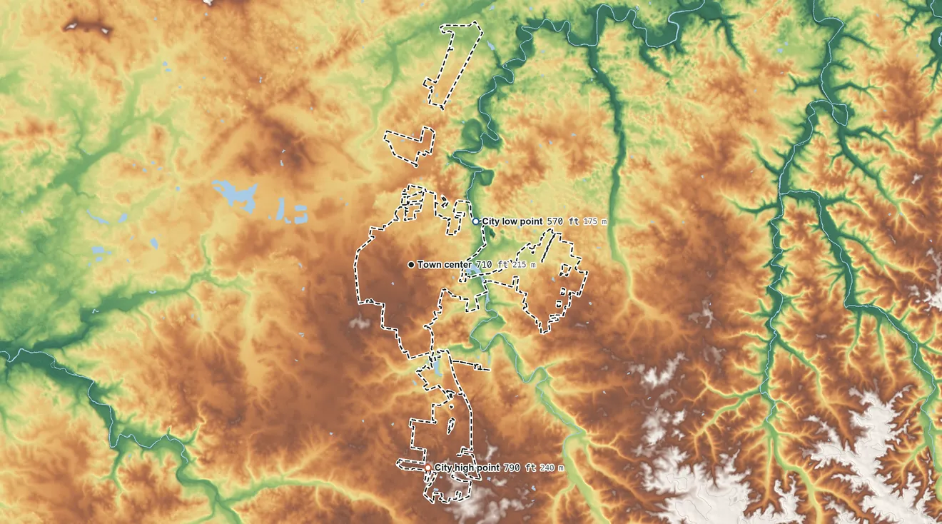 Topographic elevation map of Franklin, Kentucky, shaded from 570 ft on the northeast side to 790 ft on the south side