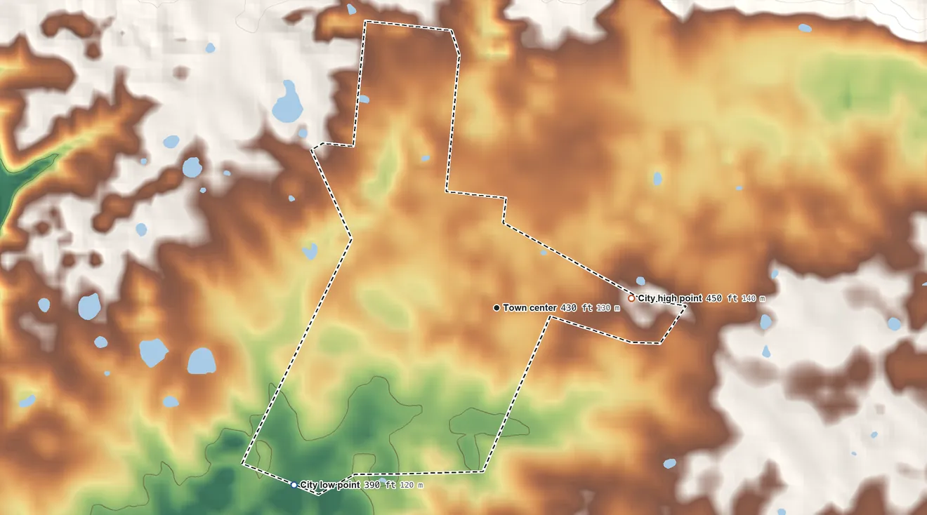 Topographic elevation map of Fredonia, Kentucky, shaded from 390 ft on the southwest side to 450 ft on the east side