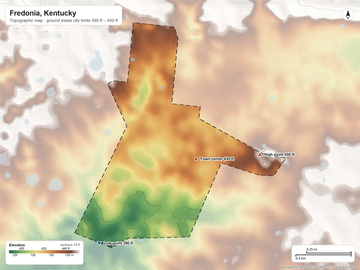 Topographic elevation map of Fredonia, Kentucky, shaded from 390 ft on the southwest side to 450 ft on the east side