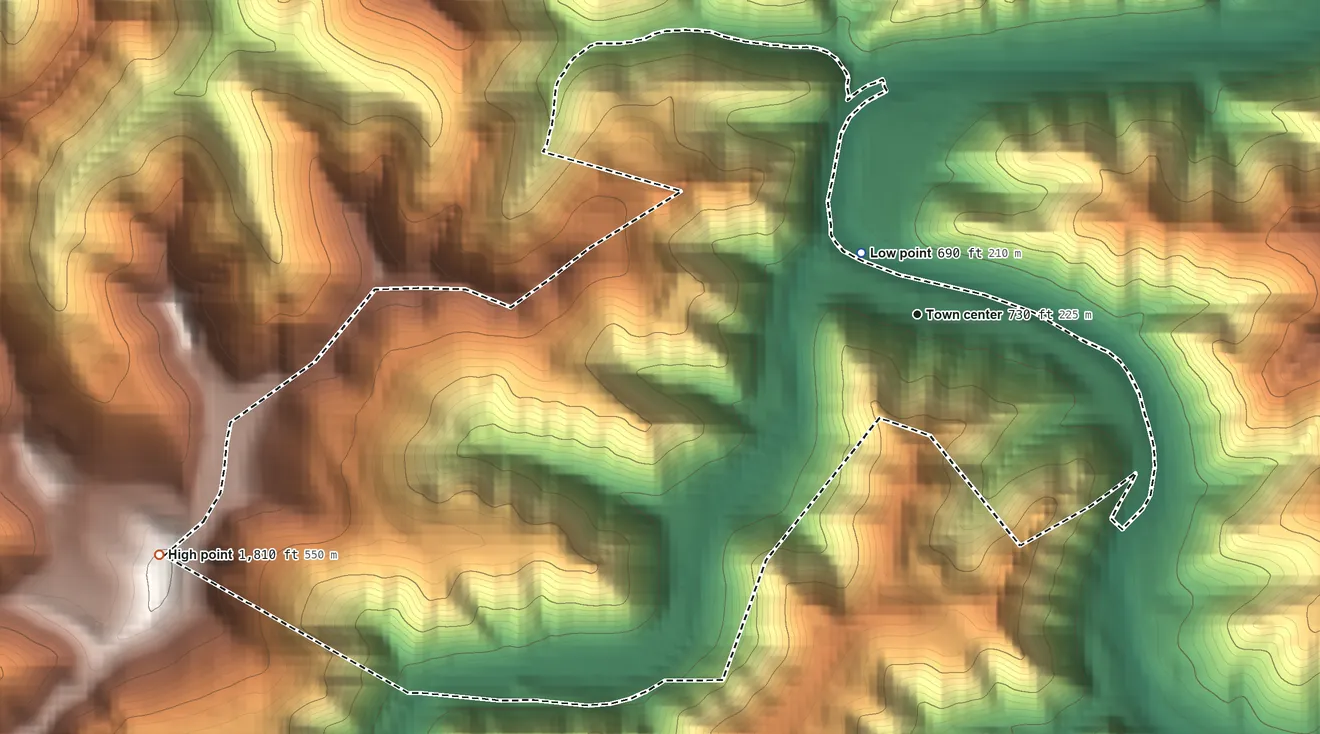 Topographic elevation map of Freeburn, Kentucky, shaded from 690 ft near the middle to 1,810 ft on the west side