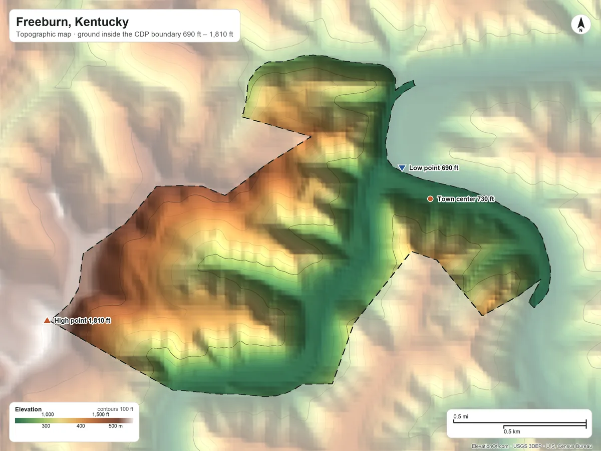 Topographic elevation map of Freeburn, Kentucky, shaded from 690 ft near the middle to 1,810 ft on the west side
