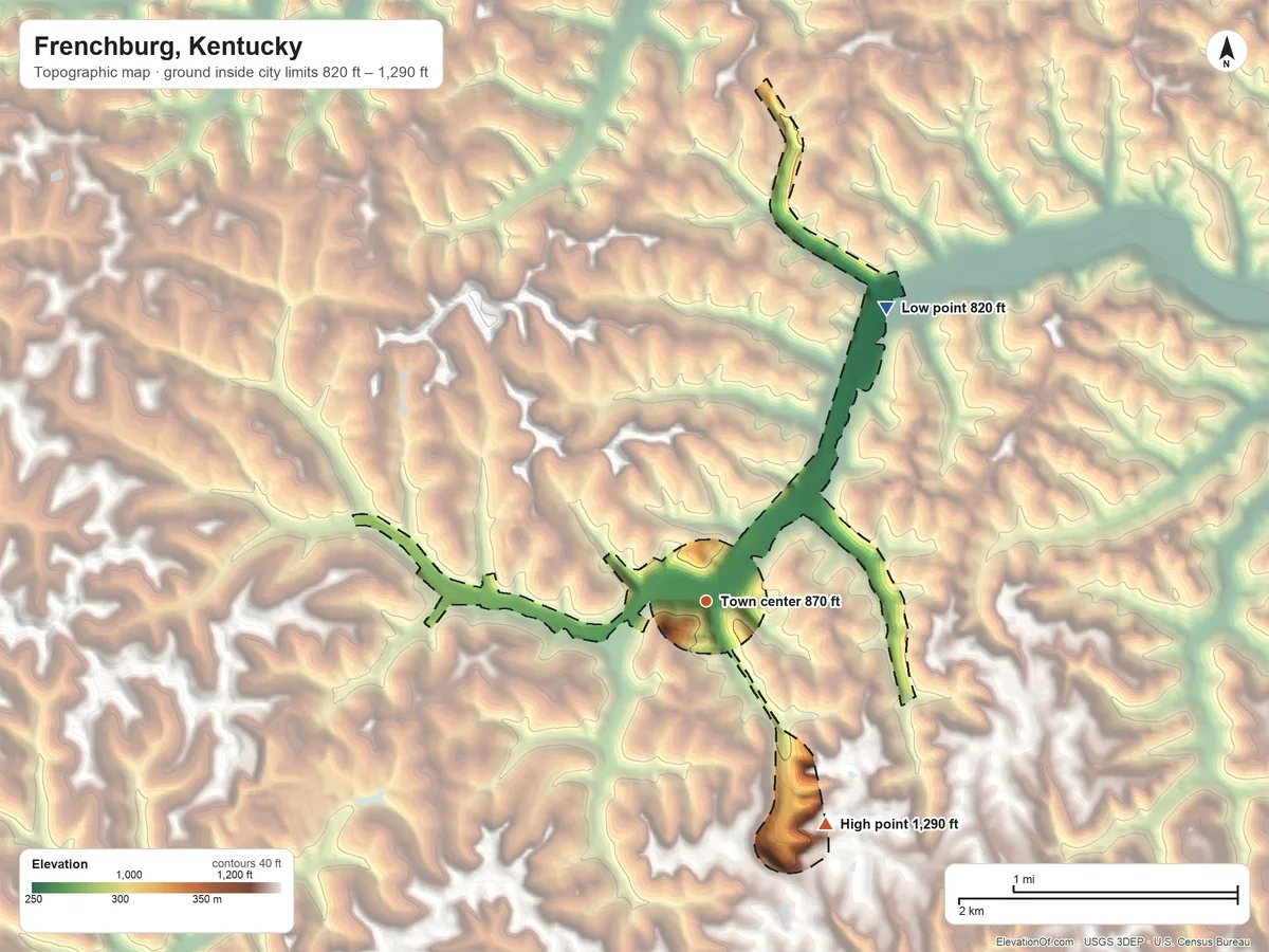 Topographic elevation map of Frenchburg, Kentucky, shaded from 820 ft on the northeast side to 1,290 ft on the southeast side