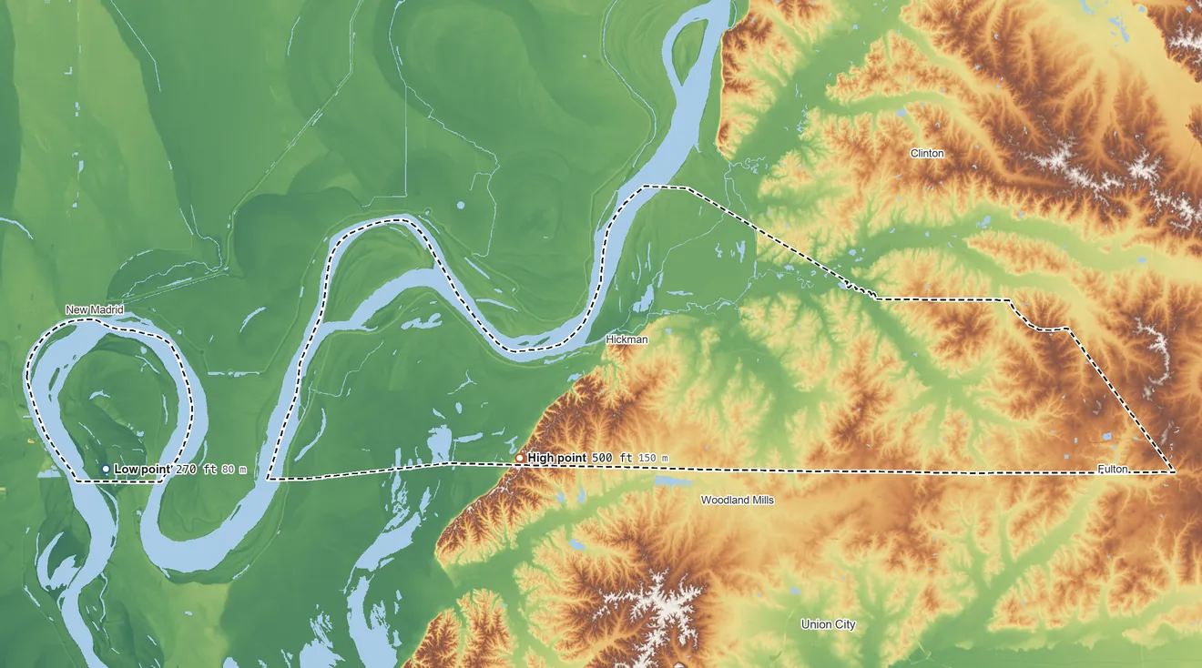 Topographic elevation map of Fulton County, Kentucky, shaded from 270 ft on the west side to 500 ft on the southwest side