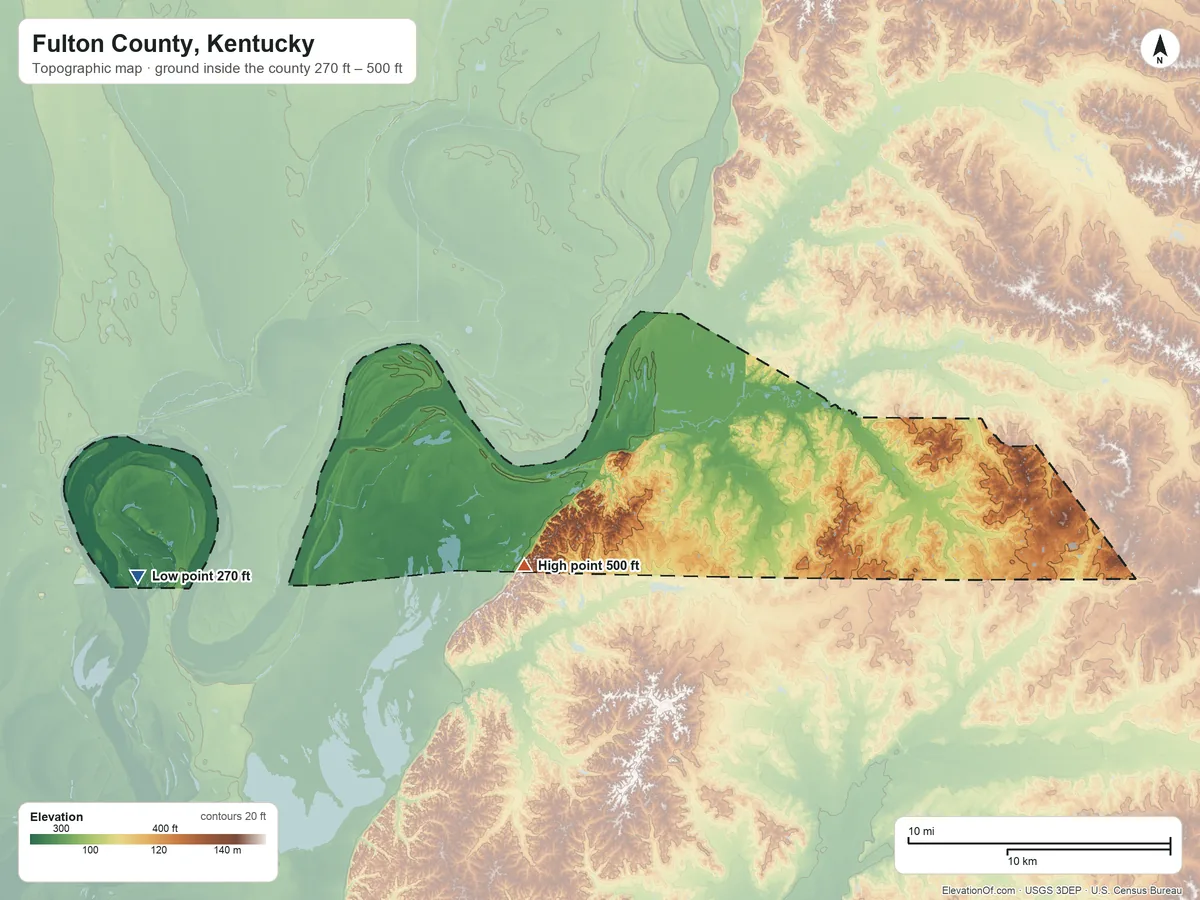 Topographic elevation map of Fulton County, Kentucky, shaded from 270 ft on the west side to 500 ft on the southwest side