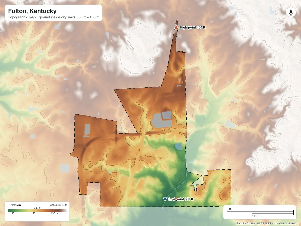 Topographic elevation map of Fulton, Kentucky, shaded from 350 ft near the middle to 450 ft on the north side