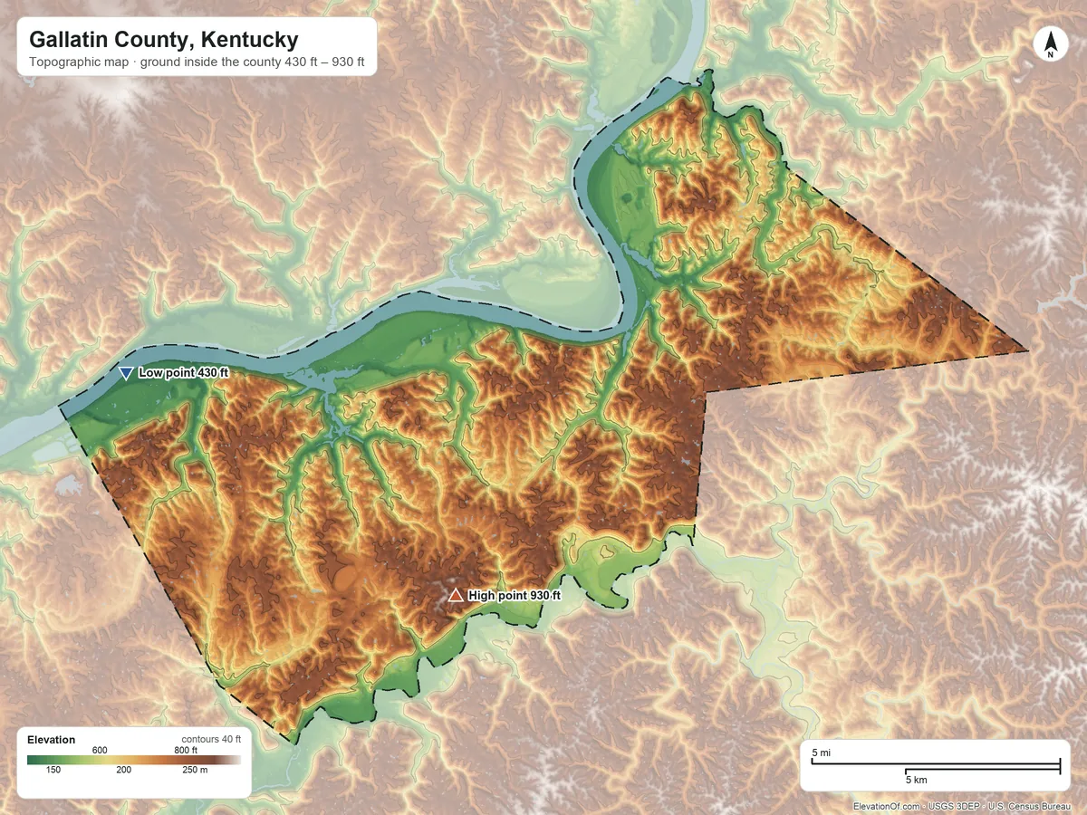 Topographic elevation map of Gallatin County, Kentucky, shaded from 430 ft on the west side to 930 ft on the southwest side