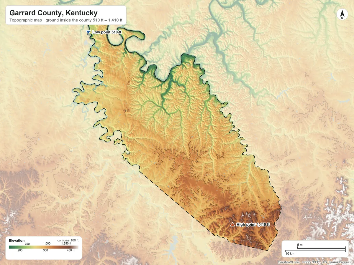 Topographic elevation map of Garrard County, Kentucky, shaded from 510 ft on the northwest side to 1,410 ft on the southeast side