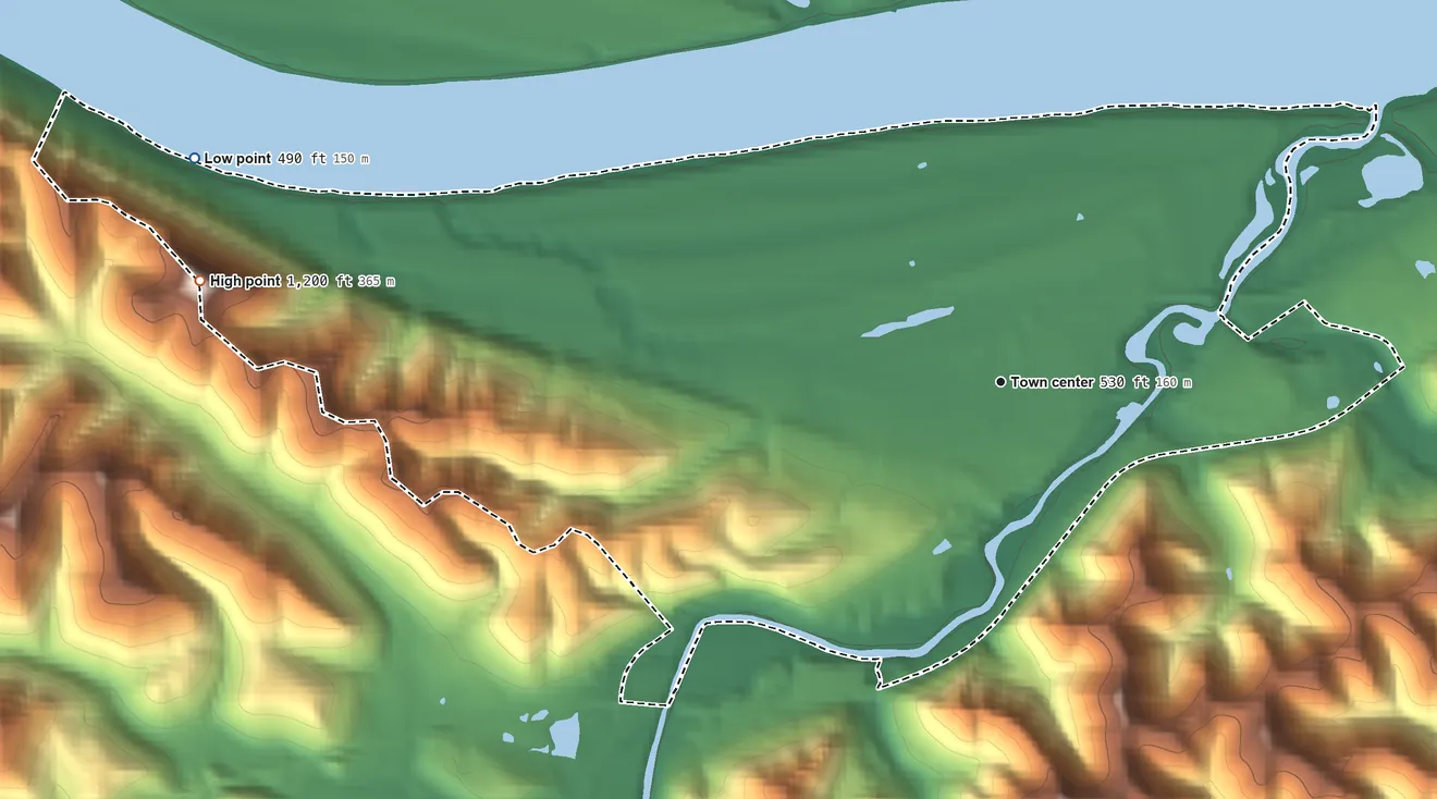 Topographic elevation map of Garrison, Kentucky, shaded from 490 ft on the west side to 1,200 ft on Round Top