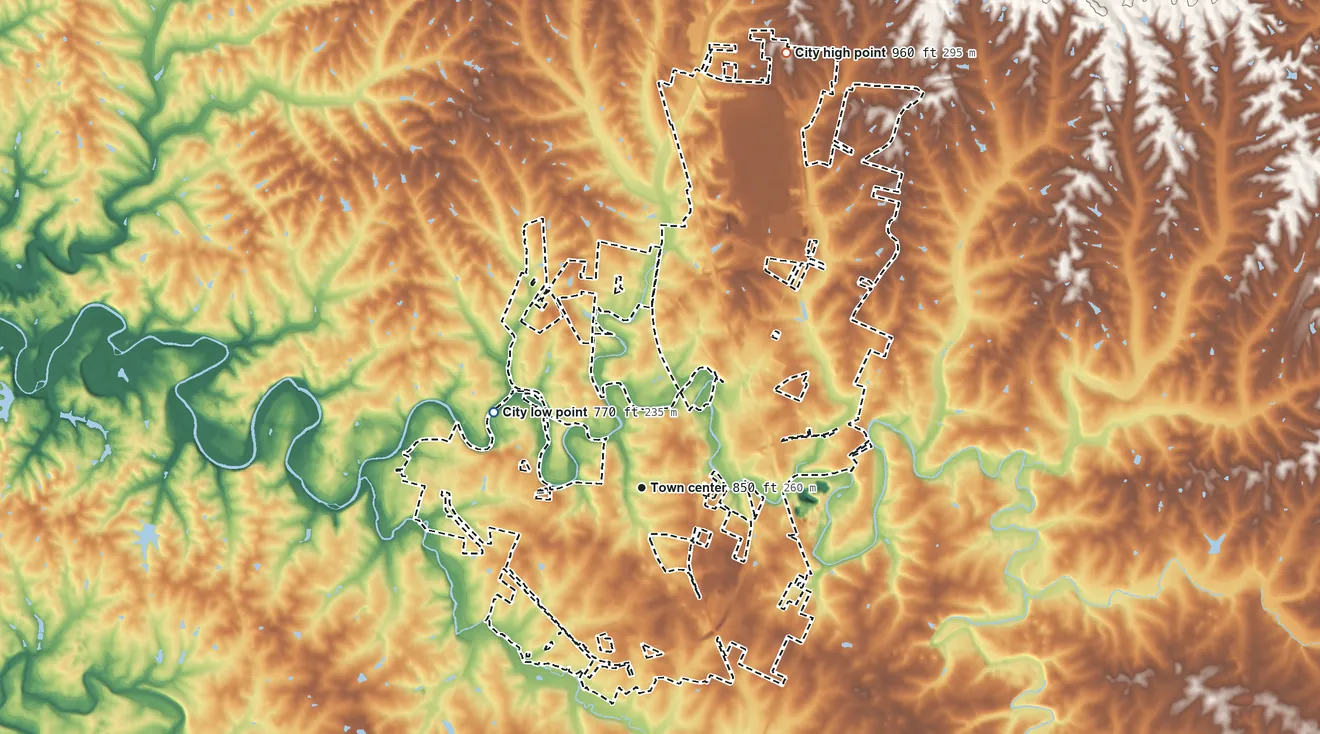 Topographic elevation map of Georgetown, Kentucky, shaded from 770 ft on the northwest side to 960 ft on the north side