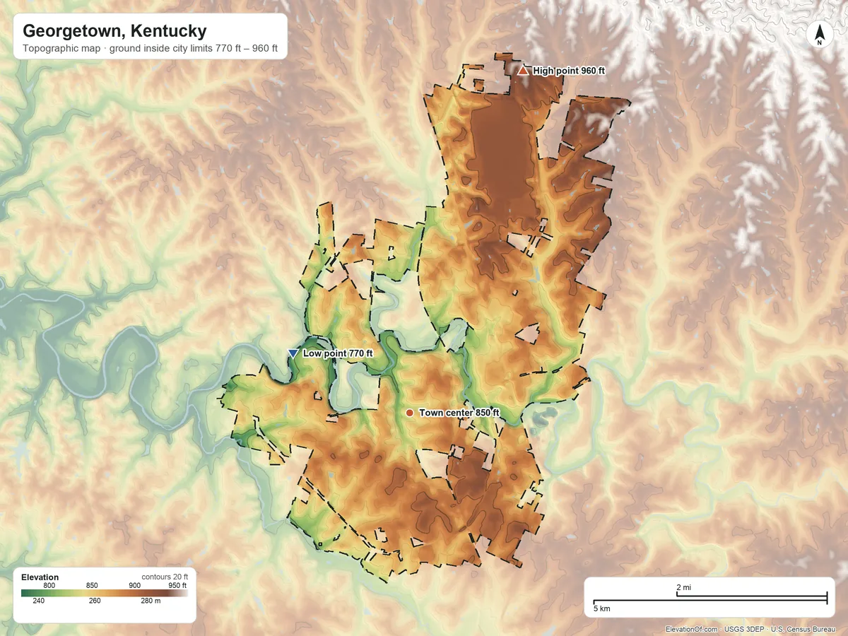 Topographic elevation map of Georgetown, Kentucky, shaded from 770 ft on the northwest side to 960 ft on the north side