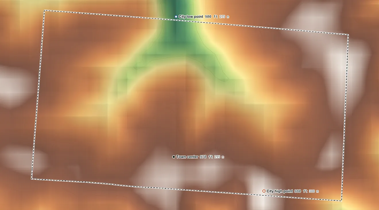 Topographic elevation map of Germantown, Kentucky, shaded from 900 ft on the north side to 980 ft on the east side