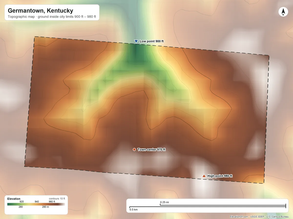 Topographic elevation map of Germantown, Kentucky, shaded from 900 ft on the north side to 980 ft on the east side