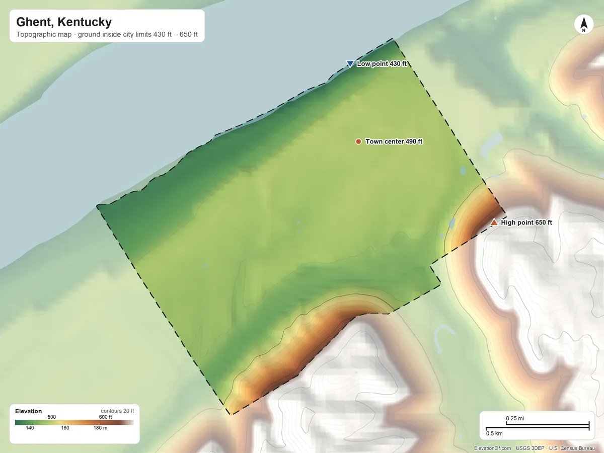 Topographic elevation map of Ghent, Kentucky, shaded from 430 ft on the north side to 650 ft on the southeast side