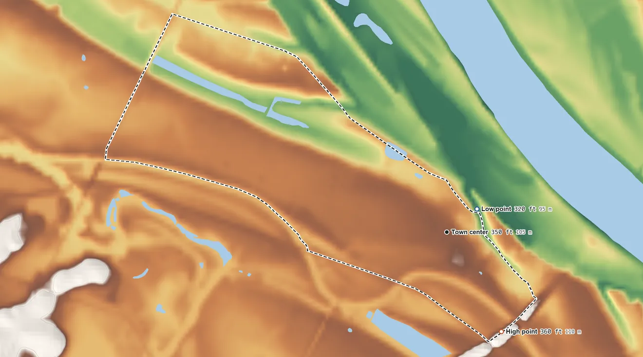 Topographic elevation map of Gilbertsville, Kentucky, shaded from 320 ft near the middle to 360 ft on the southeast side