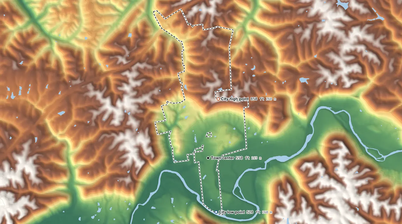 Topographic elevation map of Glencoe, Kentucky, shaded from 520 ft on the south side to 850 ft on the north side