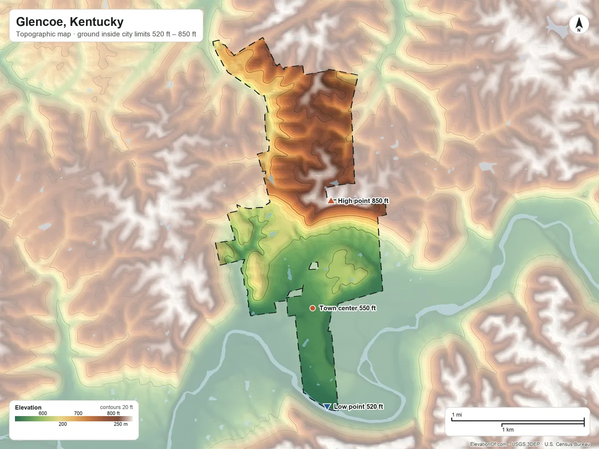 Topographic elevation map of Glencoe, Kentucky, shaded from 520 ft on the south side to 850 ft on the north side