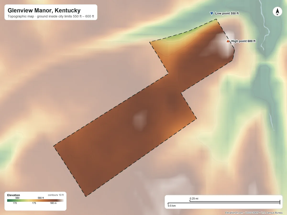 Topographic elevation map of Glenview Manor, Kentucky, shaded from 550 ft on the northeast side to 600 ft on the northeast side