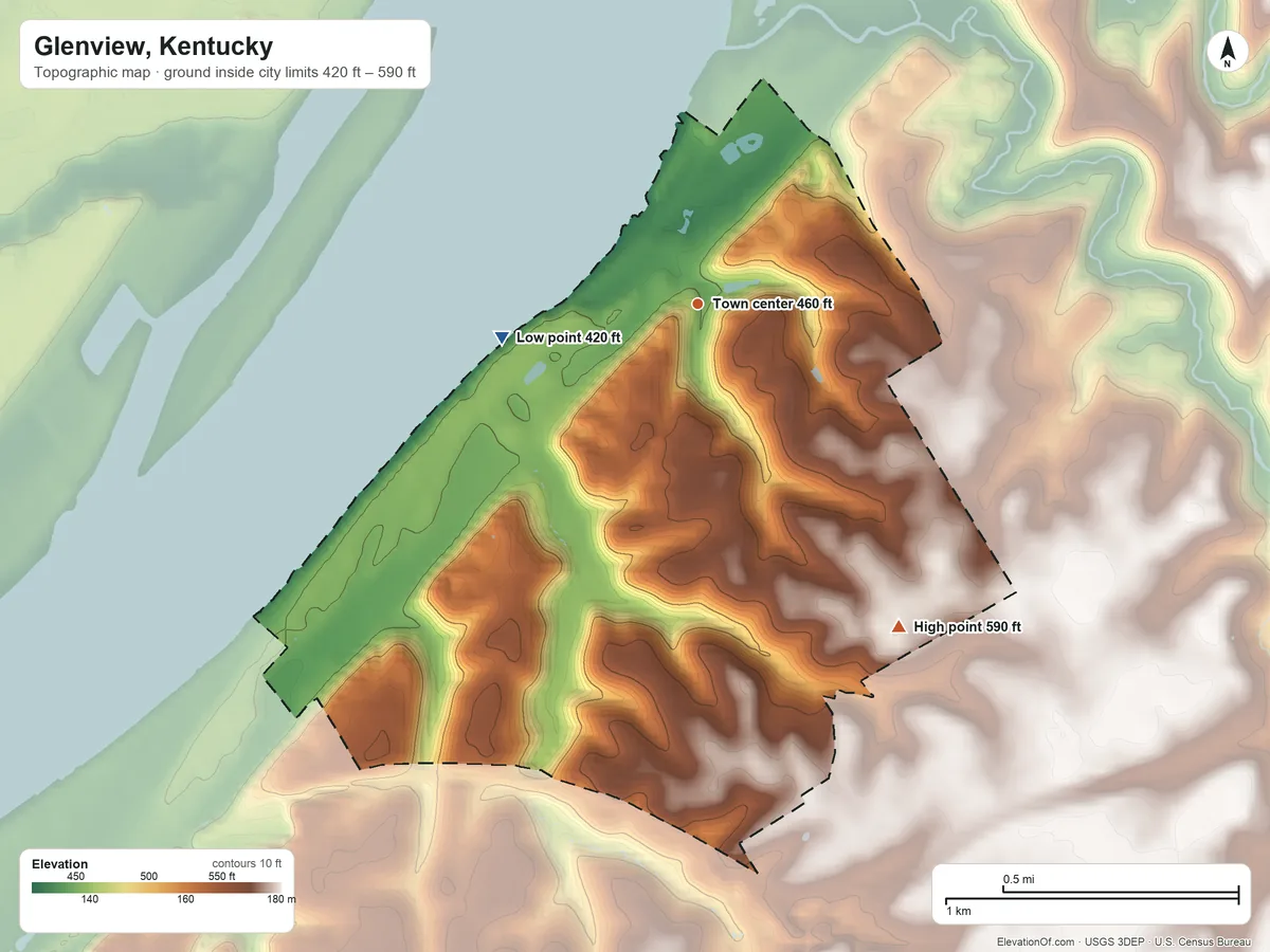 Topographic elevation map of Glenview, Kentucky, shaded from 420 ft on the west side to 590 ft on the southeast side