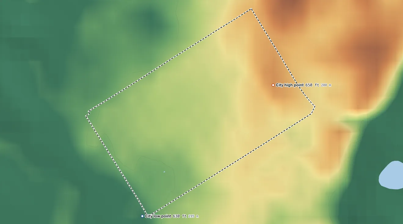 Topographic elevation map of Goose Creek, Kentucky, shaded from 630 ft on the southwest side to 650 ft on the northeast side