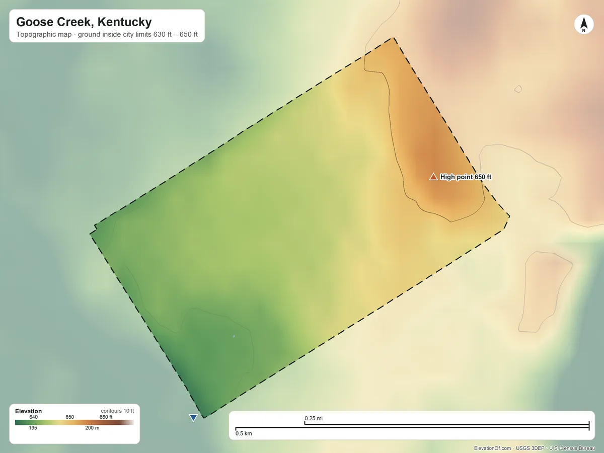 Topographic elevation map of Goose Creek, Kentucky, shaded from 630 ft on the southwest side to 650 ft on the northeast side
