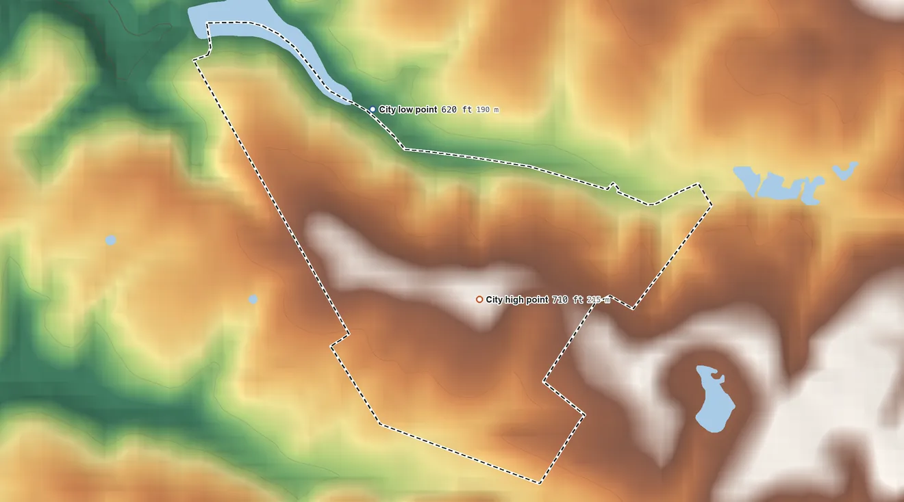 Topographic elevation map of Goshen, Kentucky, shaded from 620 ft on the north side to 710 ft near the middle