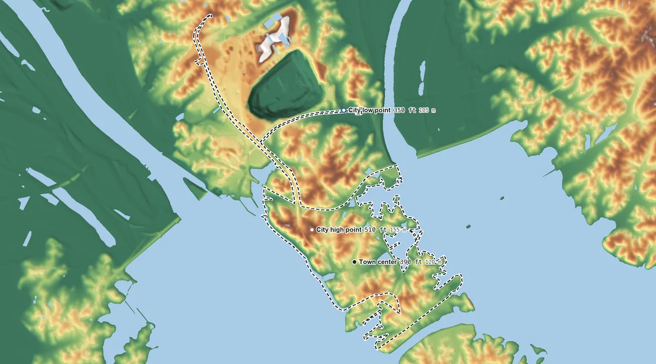 Topographic elevation map of Grand Rivers, Kentucky, shaded from 350 ft on the north side to 510 ft on the northwest side