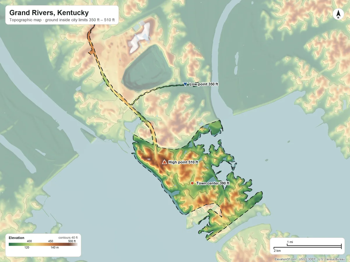 Topographic elevation map of Grand Rivers, Kentucky, shaded from 350 ft on the north side to 510 ft on the northwest side